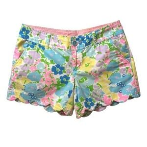 Lilly Pulitzer Pastel Floral Scallop Hem Shorts - Pink, Blue, Yellow, Green